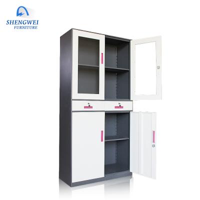 China (Others) Modern Appearance Adjustable Steel Cabinet 2 Doors Glass Storage Cabinet With Two Middle Drawers for sale