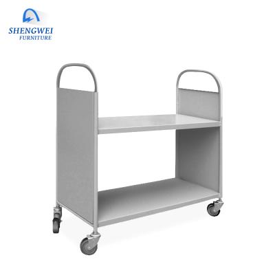 China 2021 Hot Selling Modern Library Furniture Iron Shelf 2 Tier Mobile Metal Book Cart for sale