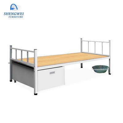 China Modern Single Row School Bed Designs Hotel Iron Bed Steel Frame With Storage Locker for sale