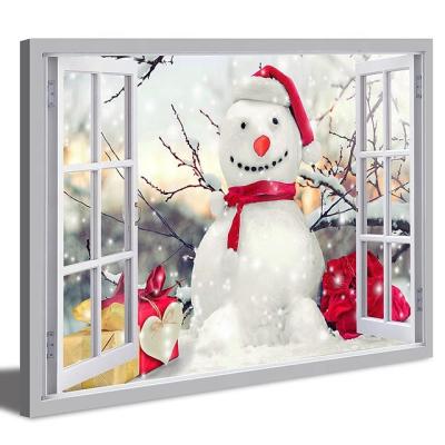 China Modern Christmas Oil Painting Art Window View Snowman Landscape Snowy Picture Canvas Print Wall Artwork for sale