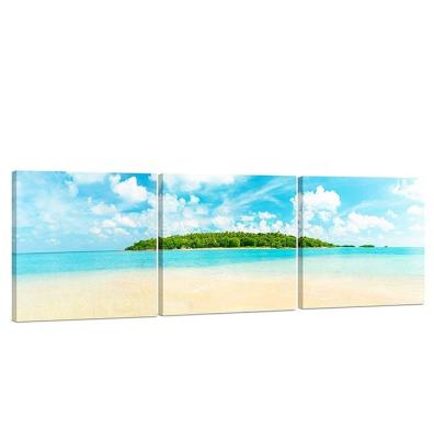 China Modern 3 Piece Landscape Seascape Pictures Blue Beach Painting Canvas Wall Art for sale