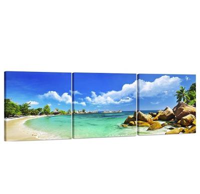 China Modern 3 Piece Blue And Gold Pictures Landscape Seascape Artwork Canvas Wall Art for sale