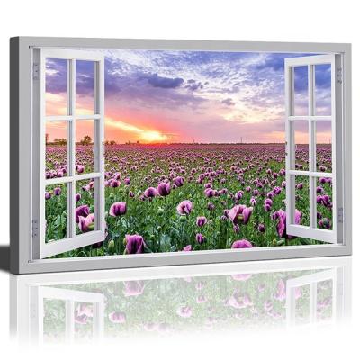 China Modern Colorful Window View Sunset Window Artwork Purple Tulip Flower Field Picture Canvas Print Wall Art for sale