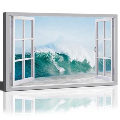 China Modern Window Sea Picture Canvas Art Blue Ocean Wave Surfing Paintings On Canvas Prints Beach Painting for sale