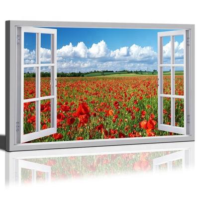 China Red Wall Art Painting Poppy Flower Artwork Canvas Print Modern Sunset Landscape View Window Picture for sale