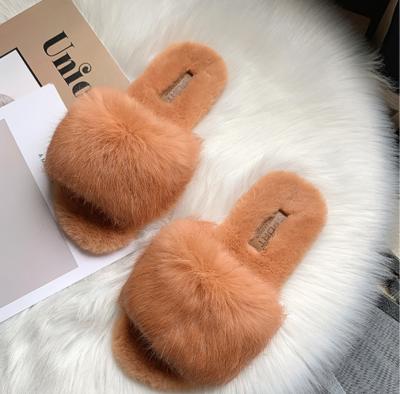 China Fashion Custom Made Lady Fur Slippers Open Toe Fluffy House Indoor Lady Slippers Wholesale Anti-slippery Fur Slippers for sale