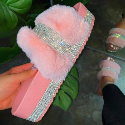 China Fashion Trend Female Hairy Casual Women Spring Summer Open Toe Rhinestone Faux Fur Slipper for sale