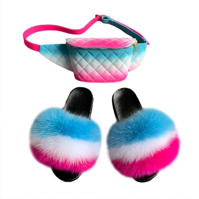 China 2020 Hot Selling Hot Sale Indoor Outdoor Fashion Women's Fanny Pack Fur Slides Set Fox Fur Slippers Wholesale Genuine Fluffy Set for sale