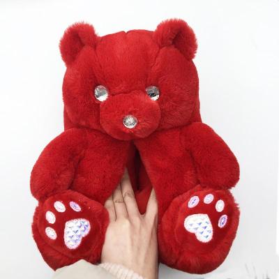 China Valentine's Day Cute Teddy Bear Plush Slippers With Diamonds Design Plush Fur Plush Indoor Home Wholesale Red Slipper for sale