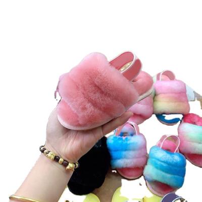 China New Style Cindy Flat Custom Baby Sandals Color Child Flat Unique Designer Wool Sheepskin Fur Slippers Fluffy Winter for sale