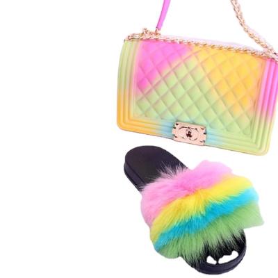 China Comfortable Anti-slippery Summer Large Size Fox Fur Slippers Sandals Matching Handbag Women And Ladies Shoe And Bag Set Purse for sale