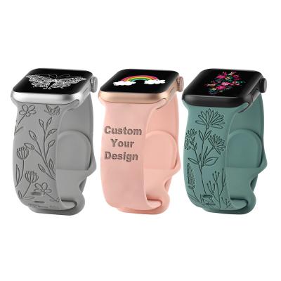 China Lightweight Personalized Custom Logo Design Engraving Silicone Band Strap For Apple Watch Series SE 7 6 5 4 3 2 1 for sale