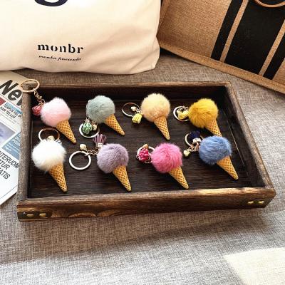 China Custom Made Cute Furry Plush Ice Cream Ball Faux Fur Key Chain Souvenir Gift Key Chain Ring for sale