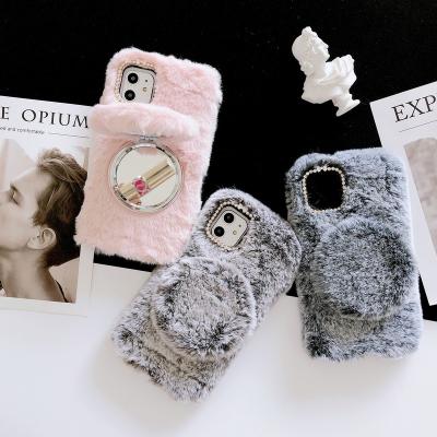 China Dropshipping Luxury Furry Fluffy Makeup Mirror Phone Case Cover For Iphone 11 12 pro Max Carcasas Para Celulares for sale