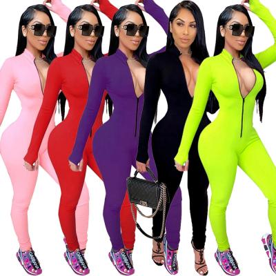 China Cowinner Breathable Women Sexy Deep V-Neck Zipper Overalls Sheath Long Bodycon Clubwear Rompers for sale