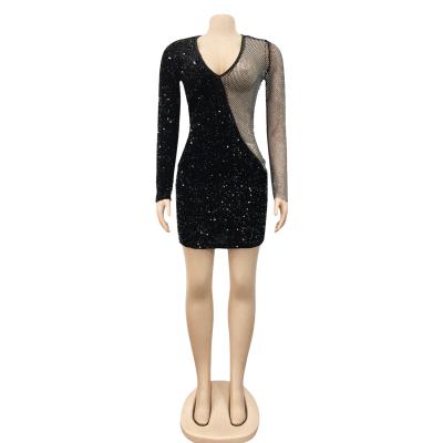 China Women's Breathable Sequin Bodycon Sparkly Mini Dress Glitter Rhinestone Hollow Split Party Club Dresses for sale