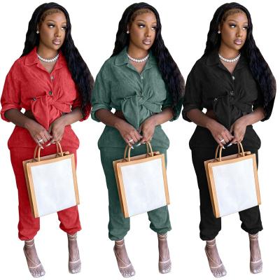 China Cowinner Breathable 2PCS Women Outfits Corduroy Button Down T-shirt And Long Pants Set for sale