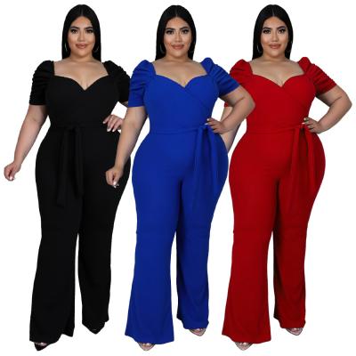 China Breathable Cowinner 2022 Plus Size Solid Sexy Short Sleeve Loose One Piece Flare Pants Jumpsuit Romper for sale