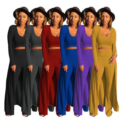 China Breathable Women 3 Piece Outfits Ottoman Rib Open Front Cardigan Cover Up Wide Leg Overalls Crop Tank Top Palazzo Pant Set for sale