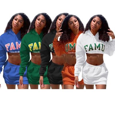 China Breathable Cowinner Woman Sweatshirt 2 Piece Outfits Long Sleeve Crop Top Hoodies And Mini Skirt Set for sale