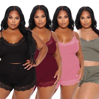 China Cowinner Breathable Women 2PCS Plus Size Pajamas Set Spaghetti Lace Up Trim Cami Crop Top And Shorts Sleepwear Nightgowns for sale