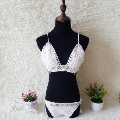 China Cowinner Breathable Woman Handmade Crochet Lace Ties Swimwear Knitted Seashell Triangle Bikini Set for sale