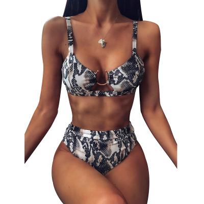 China Cowinner Breathable Women's Sexy Snakeskin Print Black Ring Swimwear Top Waisted Bikini 2 Piece Swimwear for sale