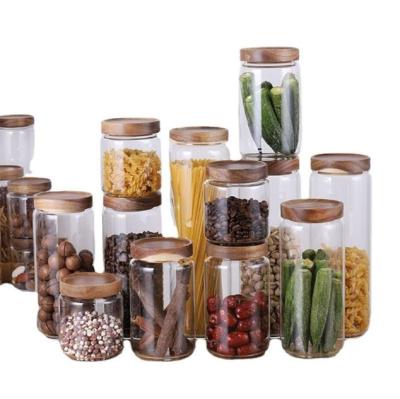 China Freshness Preservation Kitchen Storage 500ml 14oz High Borosilicate Airtight Clear Glass Storage Jars With Bamboo Lids Set for sale