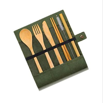 China Travel Disposable Outdoor Portable Reusable Tableware Biodegradable Bamboo Travel Cutlery Set with Bag, Wooden Spoon Set for sale