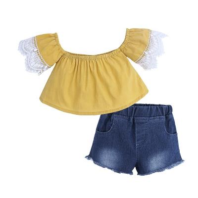 China Mosengkw Casual Shorts Two Piece Set Jeans+ Yellow One Shoulder Lace Sleeve Summer Baby Kids Clothing Set For Girls for sale