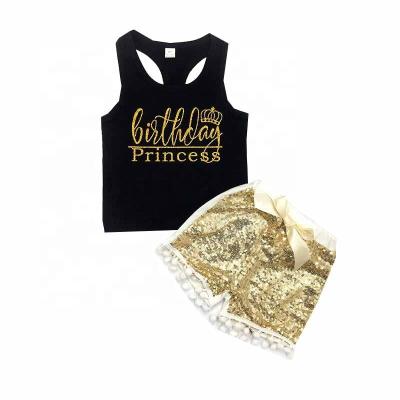 China Mosengkw Summer Baby Casual Black Printed Vest Gold Bling Shots Clothing Set Clothes Wholesale Set for sale