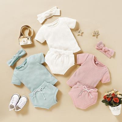 China Mosengkw fashion solid color baby girl casual dress set with headband short sleeve luxury design 2pc set for sale