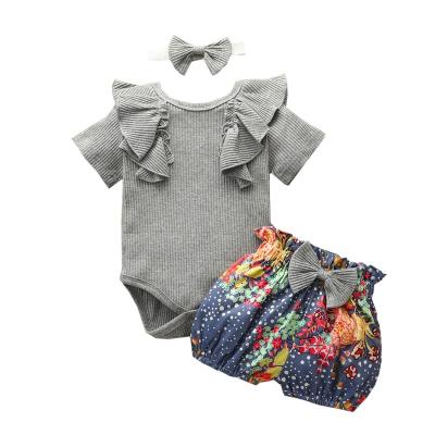 China Mosengkw Summer Gray Cute Romper Set With Printed Casual Headband Shorts Girl 0-24M Newborns Clothes Set for sale