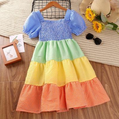 China 2022 Mosengkw Girl Summer Short Sleeve Rainbow Princess Breathable Dress Amazon Hot Selling Kids One Line Dress 5-12years Old for sale