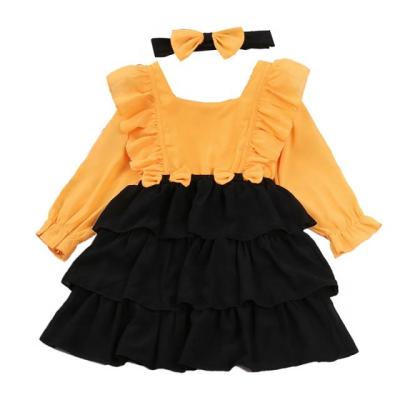 China New Mosengkw Breathable Cotton Solid Color Autumn Girl Dress With Long Headband Sleeve Spring Princess Children Dress for sale