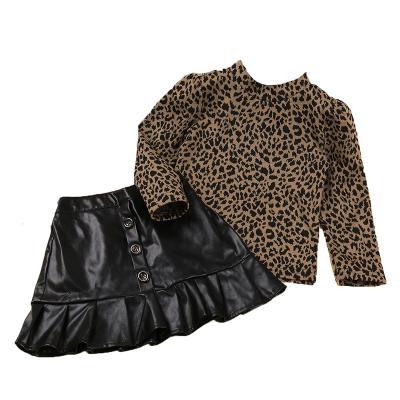 China Mosengkw Breathable Luxury Leopard Shirt+Leather Skirt 2Pcs Clothes Set 2021 Autumn New Arrival Girl's Clothing Set for sale