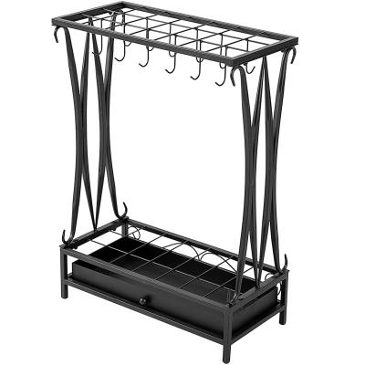 China Home Modern Black 21-Slot Metal Umbrella Stand Holder Storage Freestanding Stand with 12 Hooks and Removable Drip Base Tray for sale