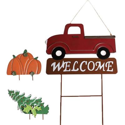 China Metal Train Hanging Welcome Sign with Pumpkin Tree 15 Metal Train Yard Garden Stake or Christmas Decor for sale