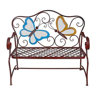 China Rustic Colorful Butterfly Shaped Bench Durable Painted Decorative Metal Chair Bench For Garden Yard Patio Decoration for sale