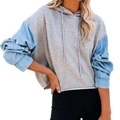 China Custom Oversized Anti-Wrinkle Women Pullover Hoodie Denim Woven Sleeve Crop Top for sale