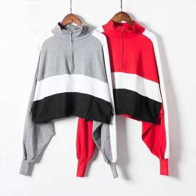 China Custom Anti-Wrinkle Women Women Half Shoulder Dropped Zipper Up Contrast Color Block Sportswear Sweatshirt for sale