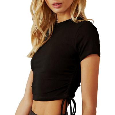 China Anti-Wrinkle Women Crew Neck Clothing Short Sleeve With Side Drawstrings Crop Top T-shirt for sale