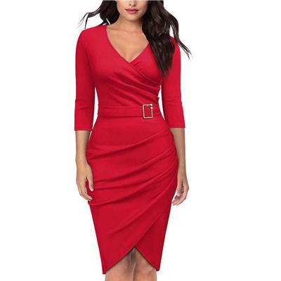 China Anti-wrinkle Women Slim Elegant Dress V-neck Buckle Wrap Dress Office Lady Dress for sale