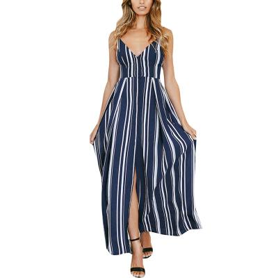 China 2021 Women Fashion Boho Anti-Static V-Neckline Dress Stripe Slit Dress Bohemian Casual Dress for sale