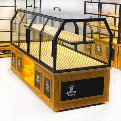 China Retail Stores China Factory Cheap Display Racks Toughen Bakery Glass Display Showcase With Wood For Bread Dessert for sale