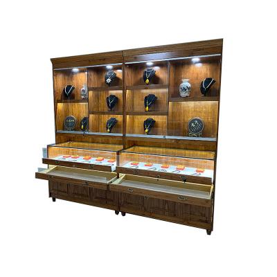 China Customs Lead Retail Stores Vintage Style Glass Light Wooden Jewelry Display Rack Corner Cabinet Showcase for sale