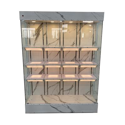 China Classic Custom Jewelry Retail Store Kiosks Wooden LED Wall Light Cosmetic Shelves Glass Display Showcase for sale