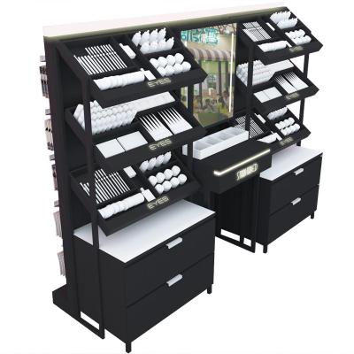 China Classic Cosmetic Shop Display Showcase Beauty Salon Products Cosmetic Shops Black Display Cabinets for sale