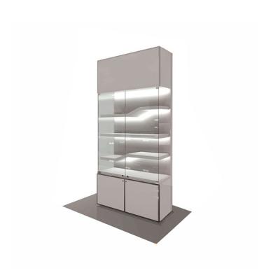 China Classic Top White Tall Glass Cabinet Display Glass Tier Wall Cosmetics Products Showcase for sale