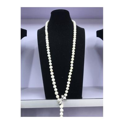 China Vintage 8mm AA Long White Freshwater Round Small Silver White Pearl Bowknot Necklace for sale